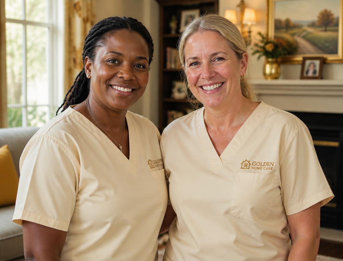 Two Golden Lilly caregivers smiling together in a client's living room